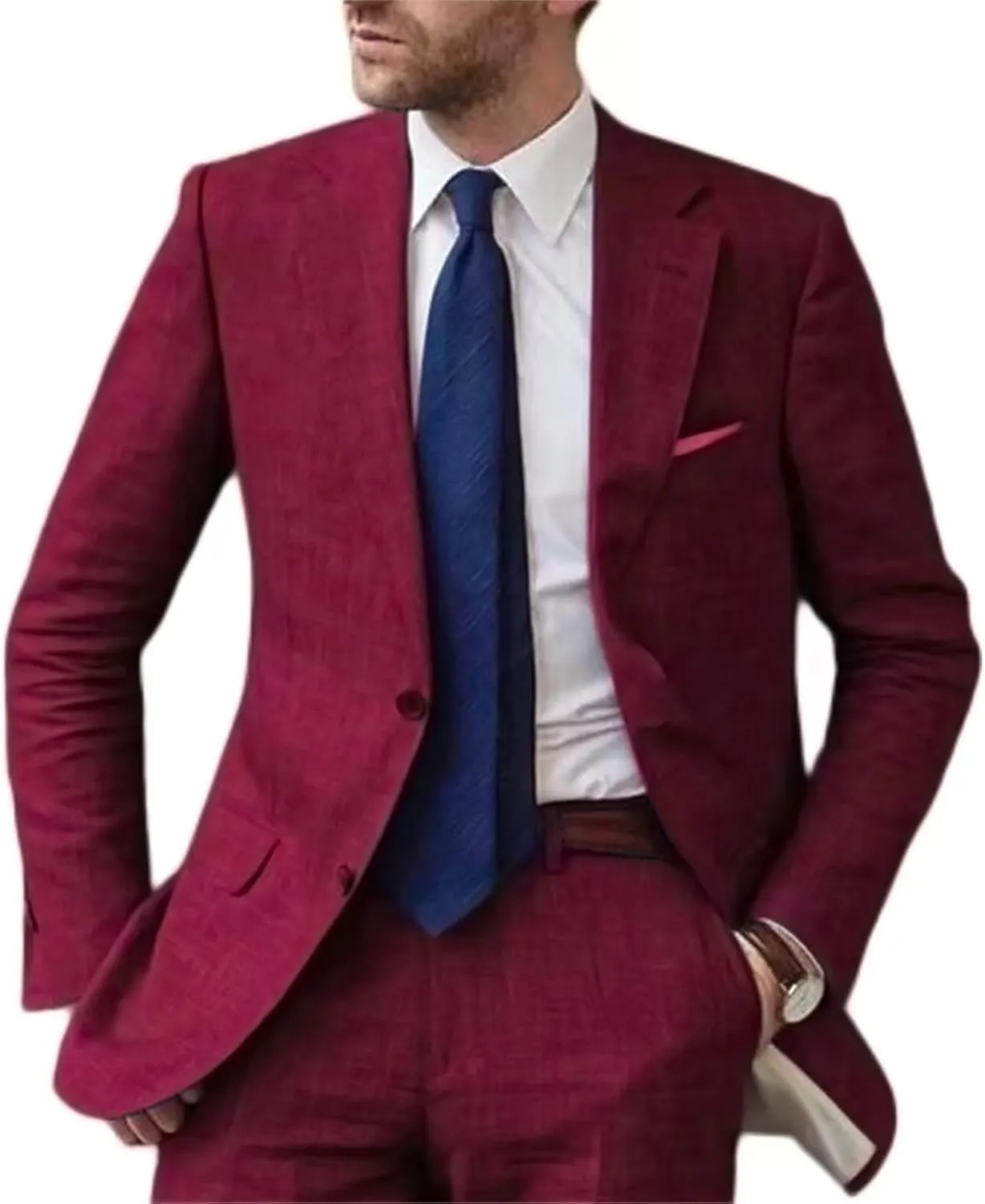 Mens Casual Linen Tailored Beach Wedding Slim Fit Tuxedo Suit Blazer Business Blazer Pants Men's Summer 2 Piece Suit Set