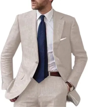 Mens Casual Linen Tailored Beach Wedding Slim Fit Tuxedo Suit Blazer Business Blazer Pants Men's Summer 2 Piece Suit Set