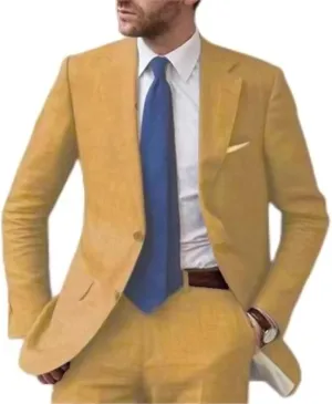Mens Casual Linen Tailored Beach Wedding Slim Fit Tuxedo Suit Blazer Business Blazer Pants Men's Summer 2 Piece Suit Set