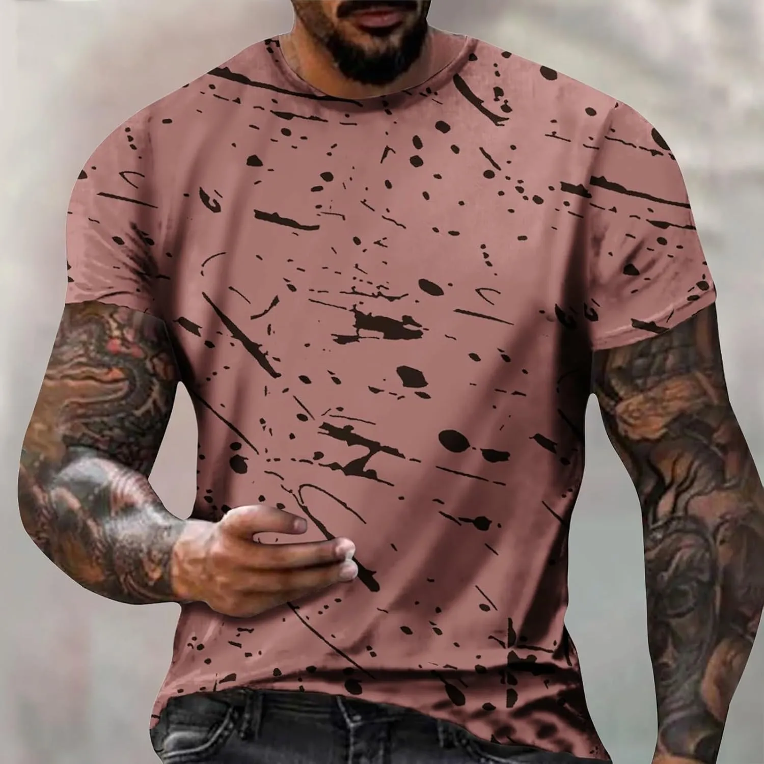 Men's Casual Printed T Shirt Crew Neck Short Sleeve Loose Fit Pullover Plus Size Breathable Sports Wear Stylish Summer Top