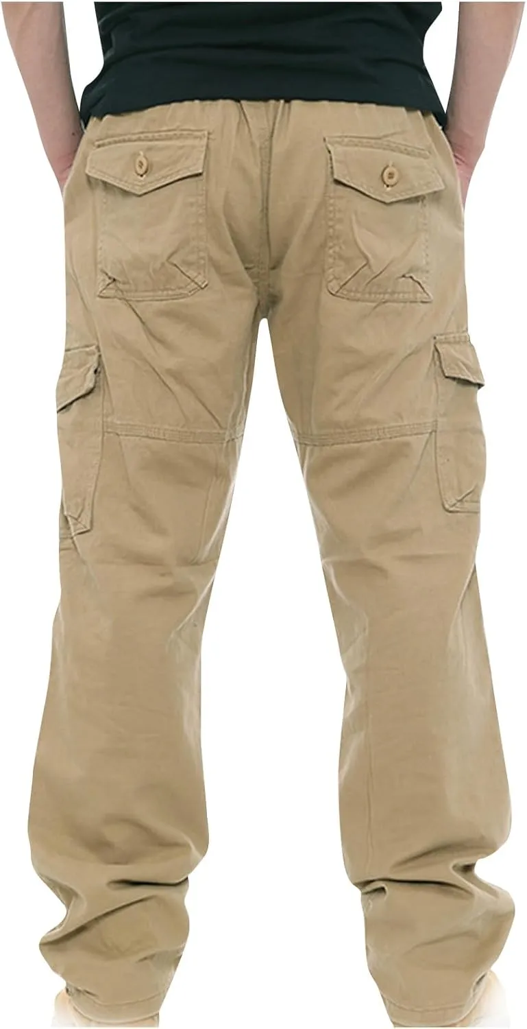 Men's Classic Fit Cargo Pants Elastic Waist Multi-Pocket Outdoor Cargo Trousers Tactical Straight Leg Casual Pants