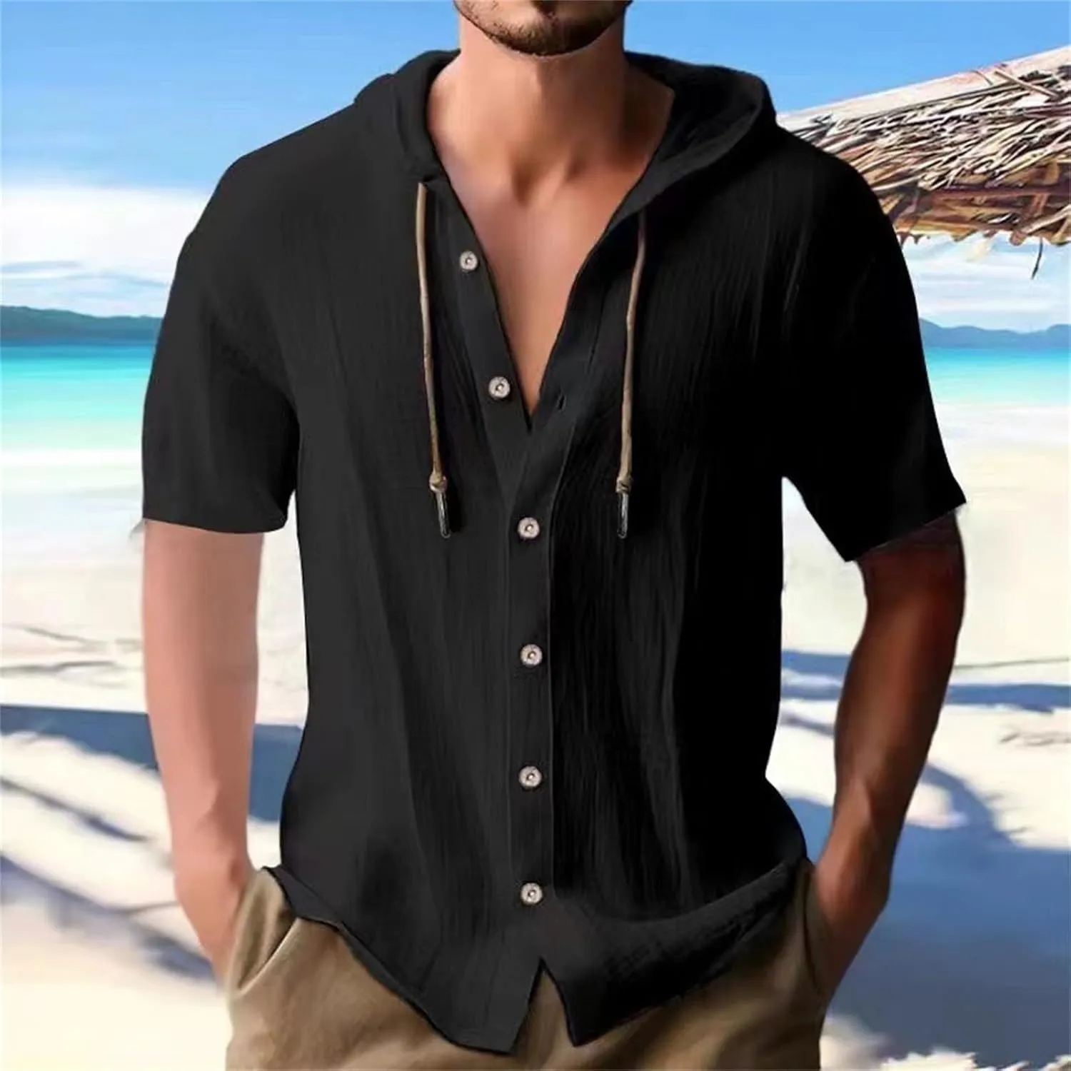 Mens Cotton Linen Henley Shirts with Hood Casual V Neck Drawstring Long Sleeve Hooded Sweatshirt Summer Button Shirt