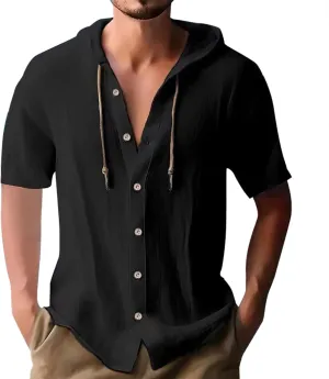 Mens Cotton Linen Henley Shirts with Hood Casual V Neck Drawstring Long Sleeve Hooded Sweatshirt Summer Button Shirt