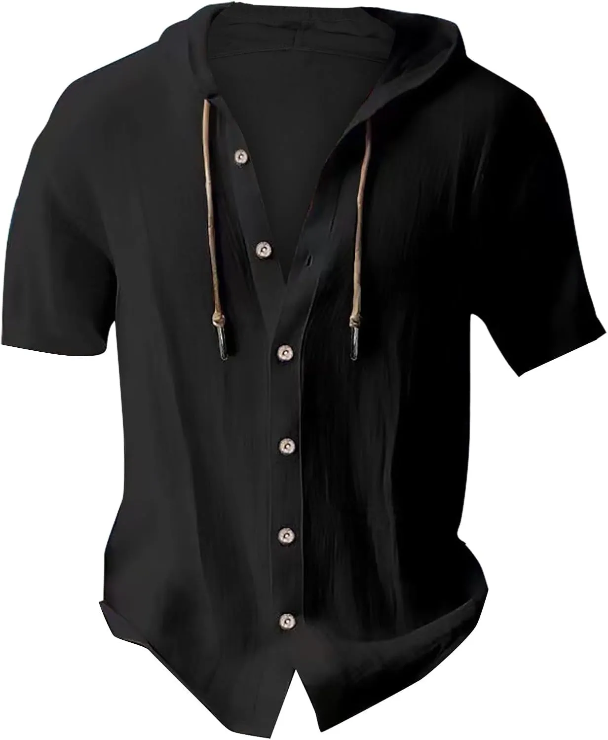 Mens Cotton Linen Henley Shirts with Hood Casual V Neck Drawstring Long Sleeve Hooded Sweatshirt Summer Button Shirt