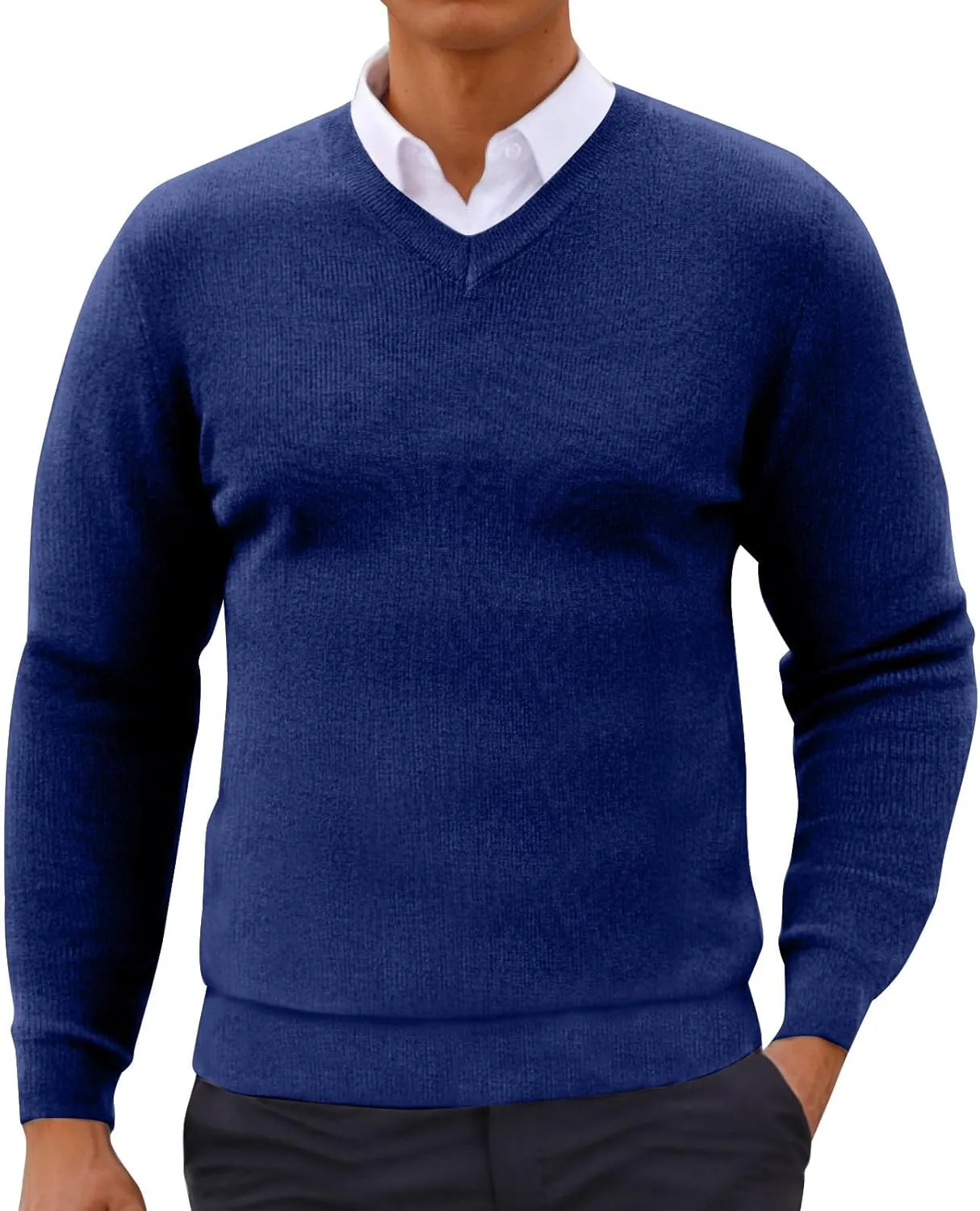 Mens Fashion V Neck Sweaters Lightweight Banded Bottom Long Sleeve Slim Fit Pullover Business Casual Dress Sweater