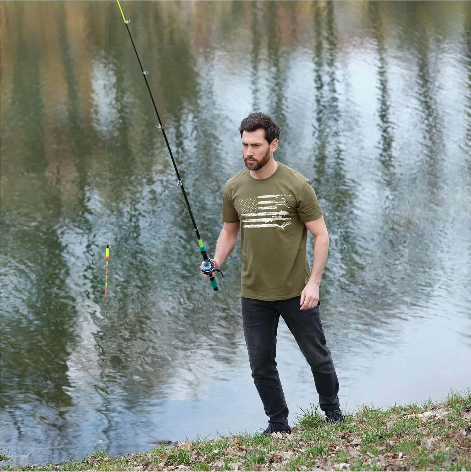 Men's Hunting Fishing Shirt USA Flag Nature Camo Shirt Father Gift Ideas Patriotic Tee