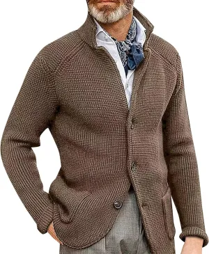Mens Knit Cardigans Coats Button Down Stand Collar Soft Sweater Jackets Waffle Textured Classic Casual Warm Outwear