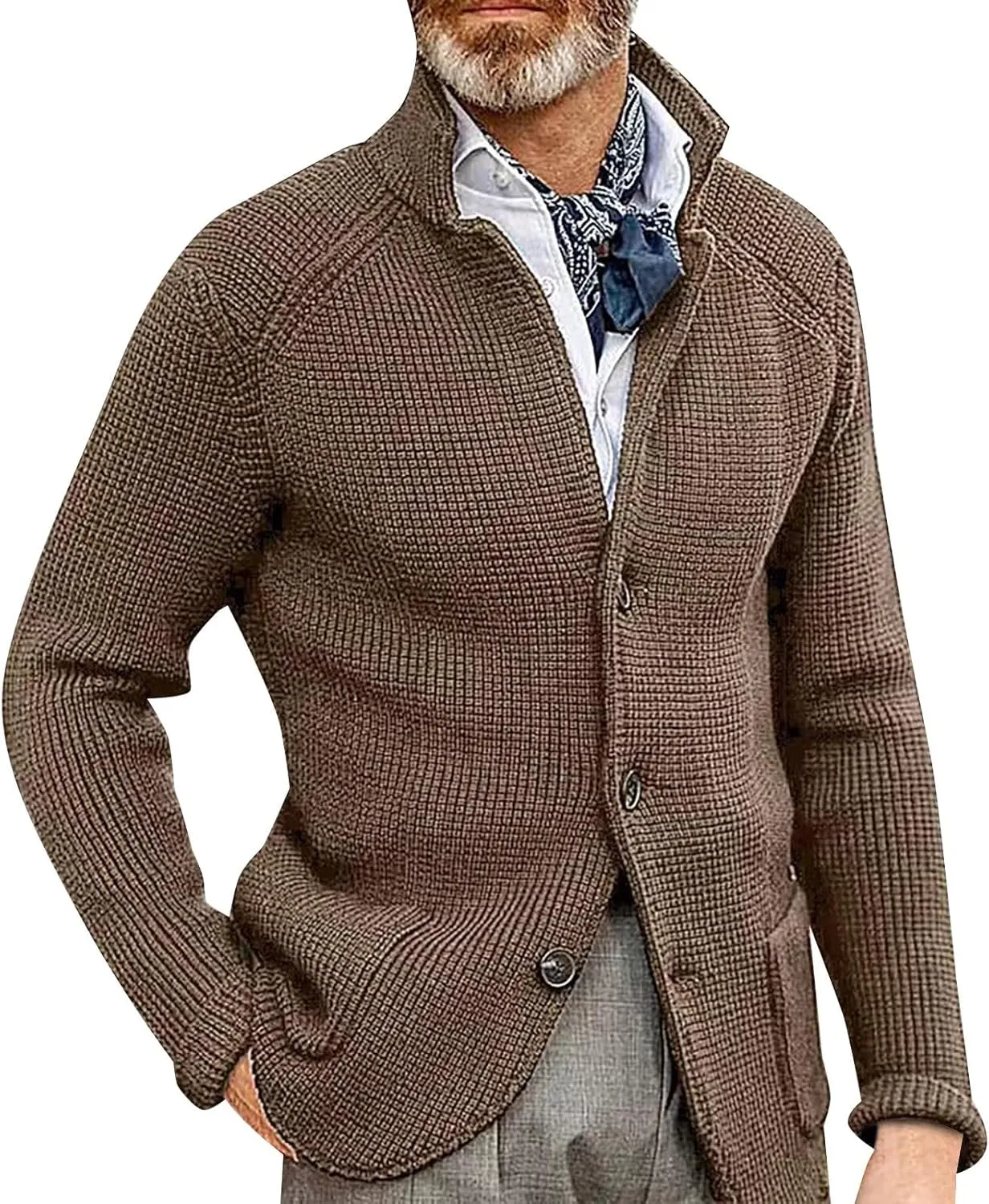 Mens Knit Cardigans Coats Button Down Stand Collar Soft Sweater Jackets Waffle Textured Classic Casual Warm Outwear