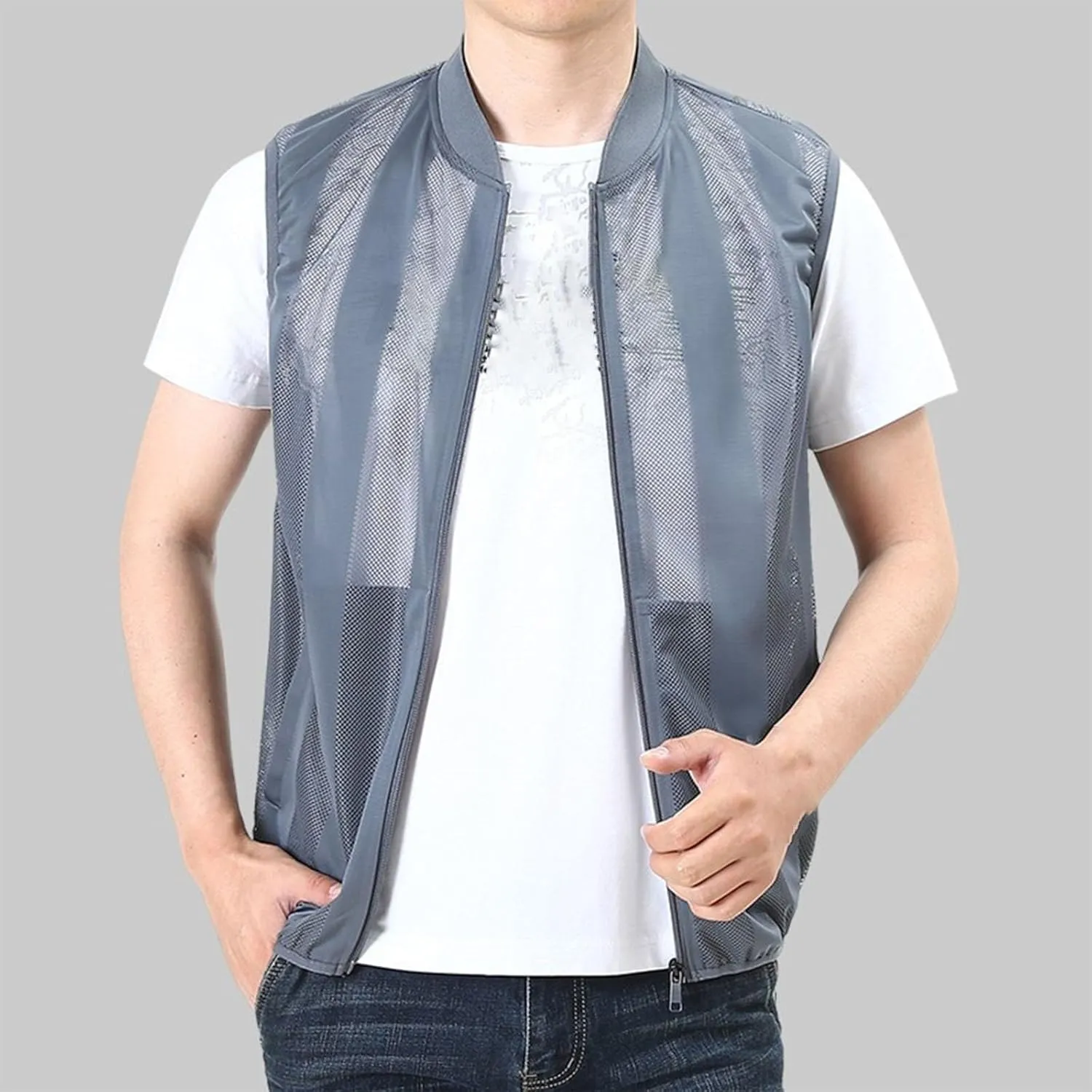 Mens Lightweight Casual Breathable Mesh Cycling Running Travel Vest Summer Vest Full Zip Sleeveless Jacket, Large