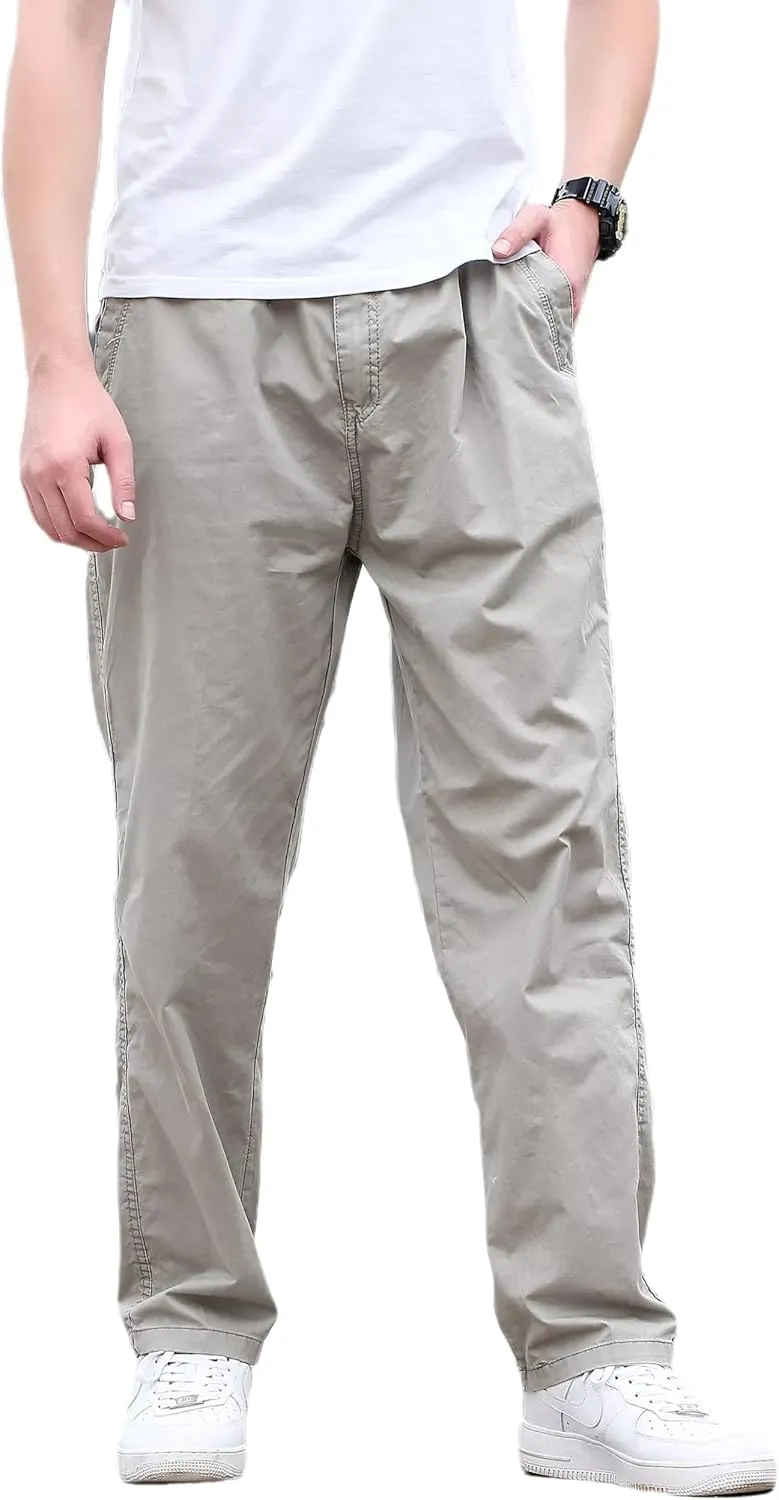 Mens Lightweight Full Elastic Waist Twill Drawstring Casual Pants