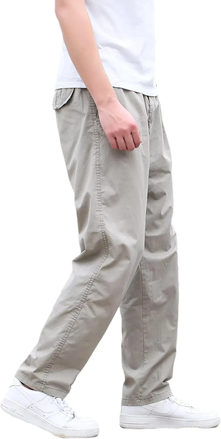 Mens Lightweight Full Elastic Waist Twill Drawstring Casual Pants