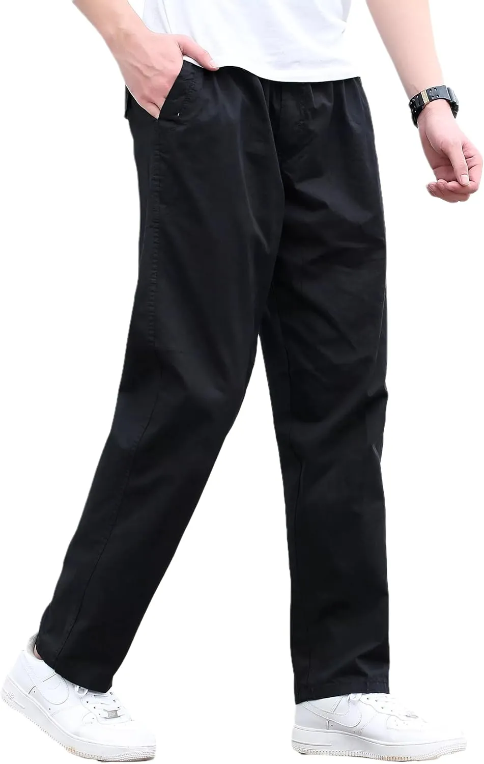 Mens Lightweight Full Elastic Waist Twill Drawstring Casual Pants