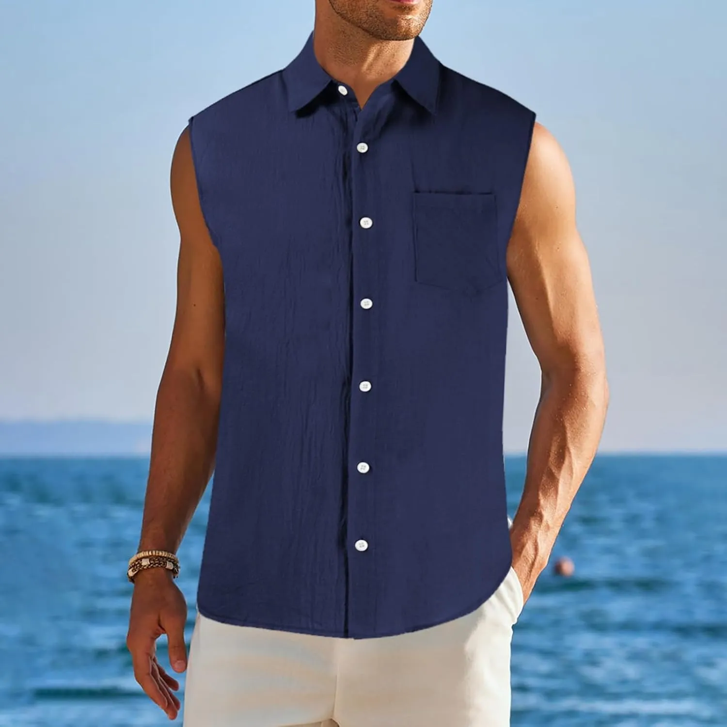 Men's Linen Cotton Tank Top Solid Color Sleeveless Single Breasted Lapel Vest Quick Dry Breathable Island Summer Beach Shirt