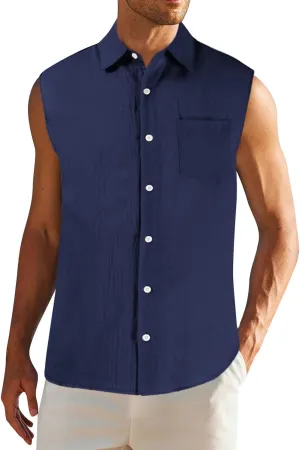 Men's Linen Cotton Tank Top Solid Color Sleeveless Single Breasted Lapel Vest Quick Dry Breathable Island Summer Beach Shirt