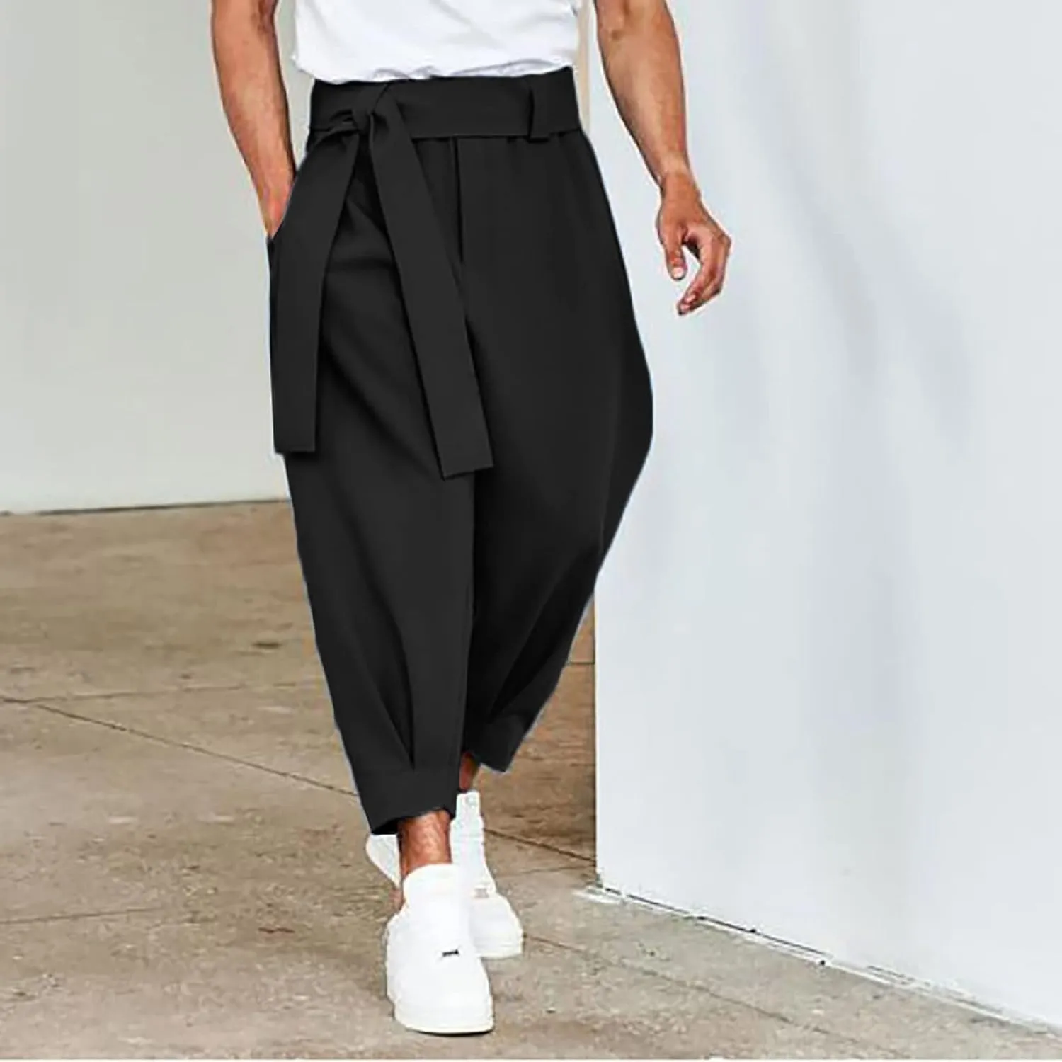 Men's Linen Pants Lightweight Elastic Waist Casual Baggy Pants Beach Trousers