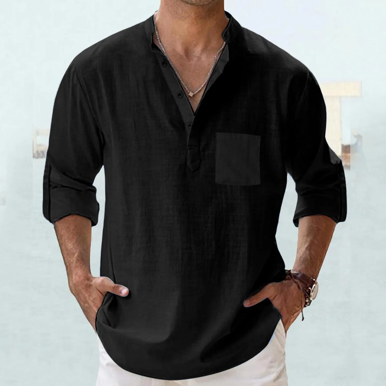 Men's Linen Roll Up Shirt Long Sleeve Cotton Beach Casual Shirts Henley T-Shirt Band Collar Vacation Tops with Pocket