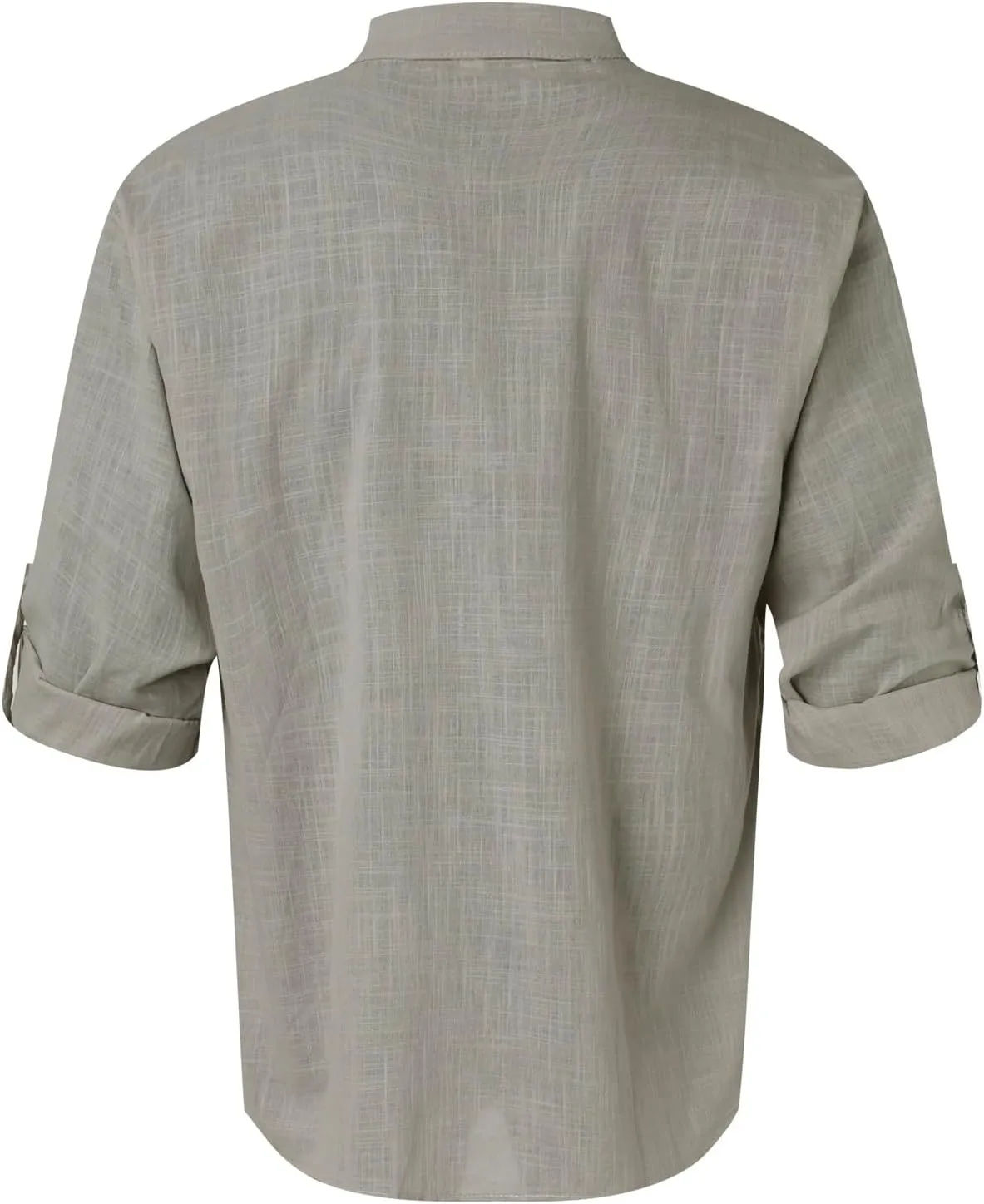 Men's Linen Roll Up Shirt Long Sleeve Cotton Beach Casual Shirts Henley T-Shirt Band Collar Vacation Tops with Pocket