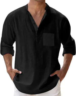 Men's Linen Roll Up Shirt Long Sleeve Cotton Beach Casual Shirts Henley T-Shirt Band Collar Vacation Tops with Pocket