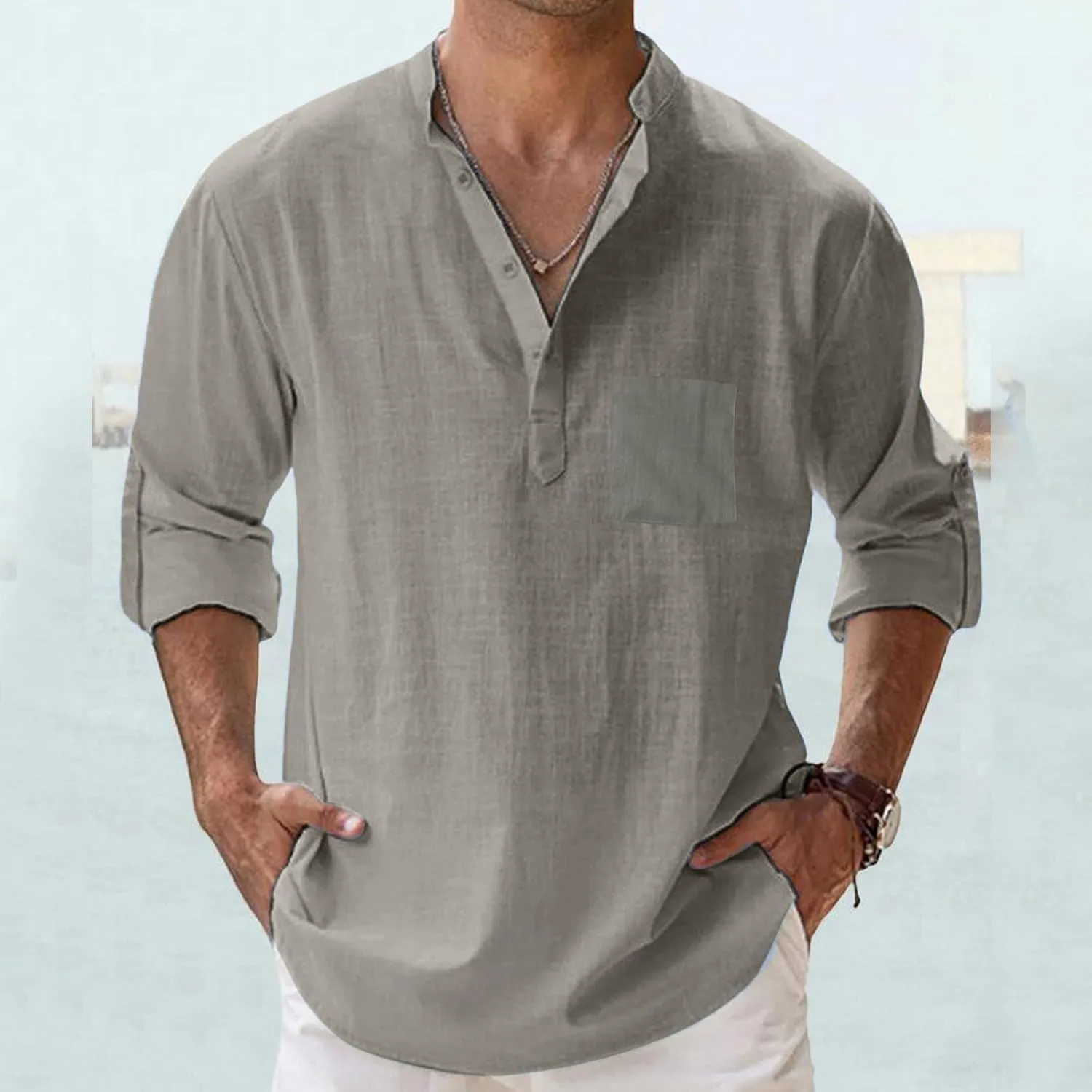 Men's Linen Roll Up Shirt Long Sleeve Cotton Beach Casual Shirts Henley T-Shirt Band Collar Vacation Tops with Pocket