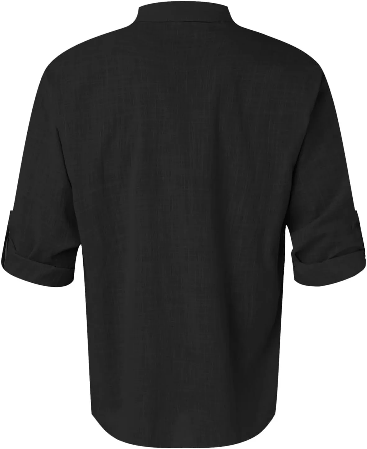 Men's Linen Roll Up Shirt Long Sleeve Cotton Beach Casual Shirts Henley T-Shirt Band Collar Vacation Tops with Pocket