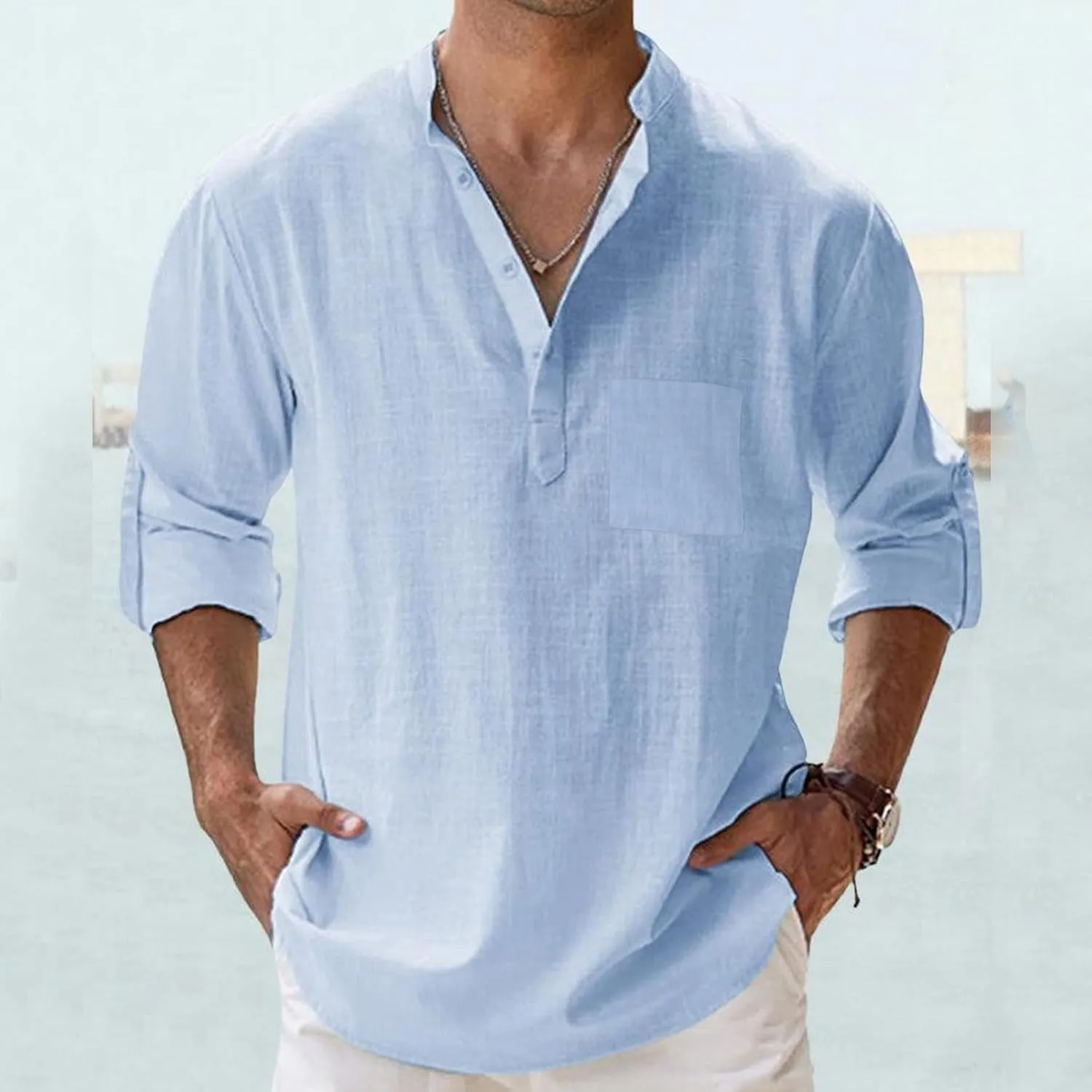Men's Linen Roll Up Shirt Long Sleeve Cotton Beach Casual Shirts Henley T-Shirt Band Collar Vacation Tops with Pocket