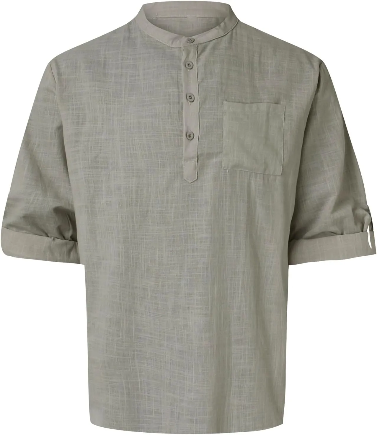 Men's Linen Roll Up Shirt Long Sleeve Cotton Beach Casual Shirts Henley T-Shirt Band Collar Vacation Tops with Pocket