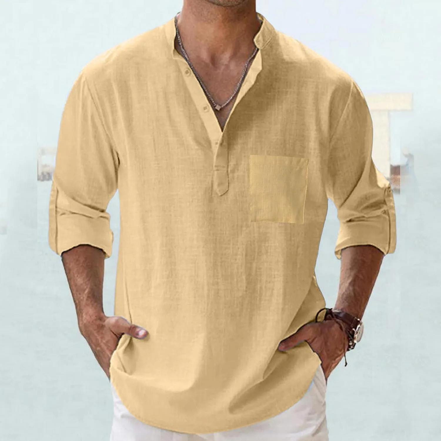 Men's Linen Roll Up Shirt Long Sleeve Cotton Beach Casual Shirts Henley T-Shirt Band Collar Vacation Tops with Pocket