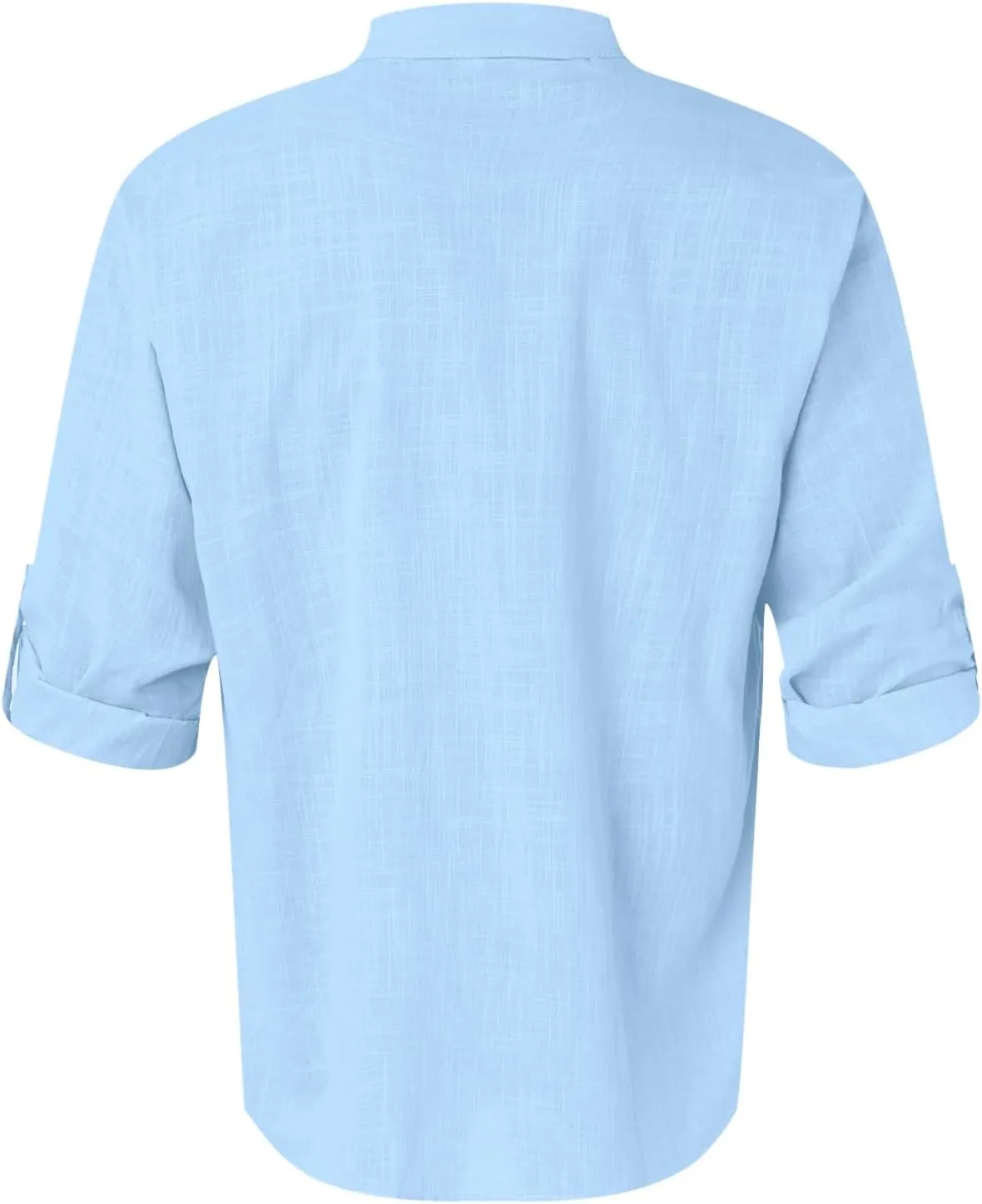 Men's Linen Roll Up Shirt Long Sleeve Cotton Beach Casual Shirts Henley T-Shirt Band Collar Vacation Tops with Pocket