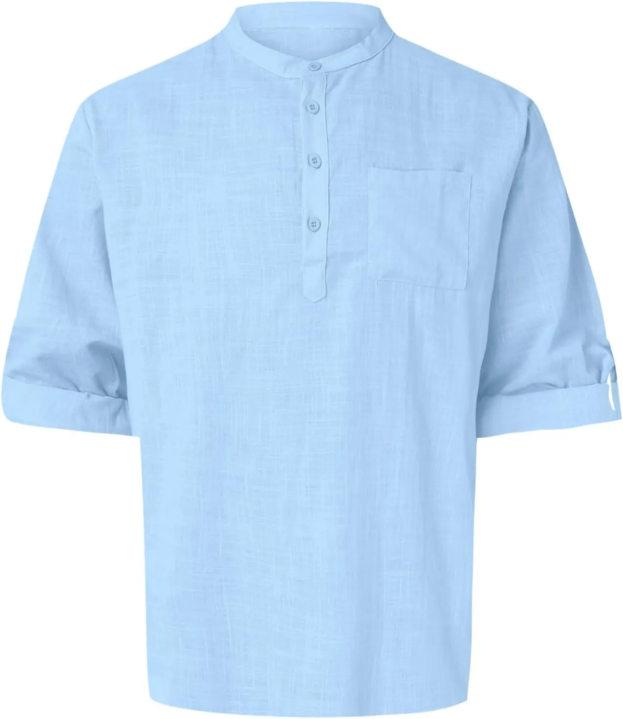 Men's Linen Roll Up Shirt Long Sleeve Cotton Beach Casual Shirts Henley T-Shirt Band Collar Vacation Tops with Pocket