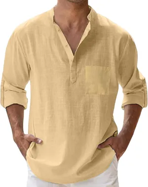Men's Linen Roll Up Shirt Long Sleeve Cotton Beach Casual Shirts Henley T-Shirt Band Collar Vacation Tops with Pocket
