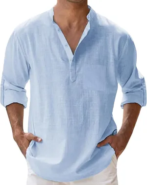 Men's Linen Roll Up Shirt Long Sleeve Cotton Beach Casual Shirts Henley T-Shirt Band Collar Vacation Tops with Pocket