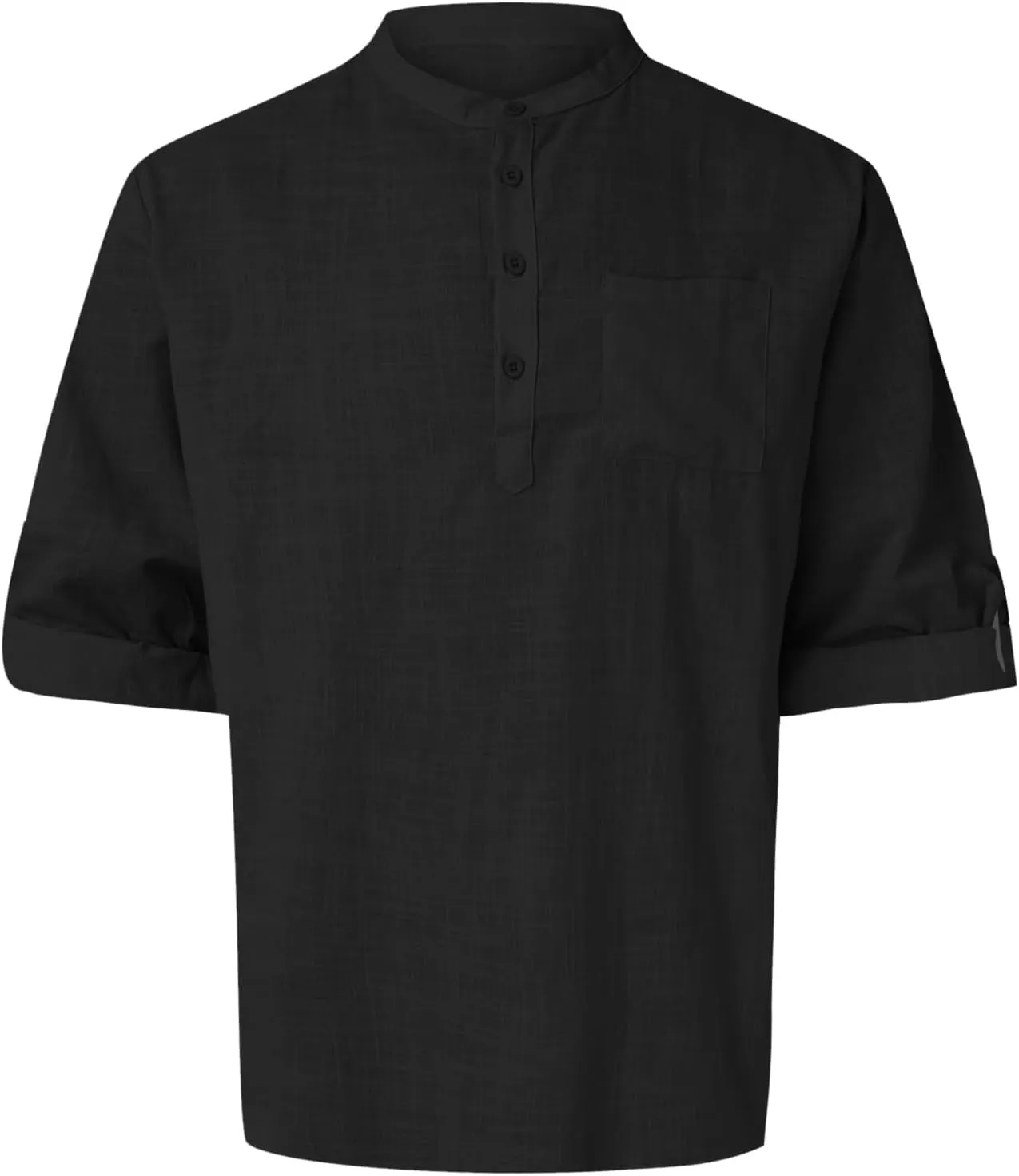 Men's Linen Roll Up Shirt Long Sleeve Cotton Beach Casual Shirts Henley T-Shirt Band Collar Vacation Tops with Pocket