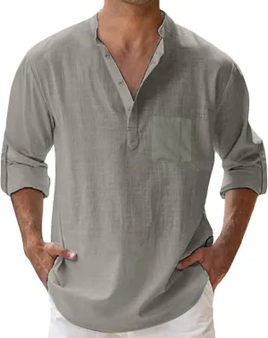 Men's Linen Roll Up Shirt Long Sleeve Cotton Beach Casual Shirts Henley T-Shirt Band Collar Vacation Tops with Pocket