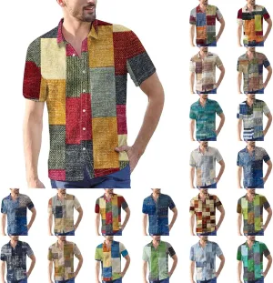 Mens Linen Shirt Hawaiian Short Sleeve Casual Cotton Button Down Shirts Color Block Hippie Lapel Collared Summer Beach Shirts