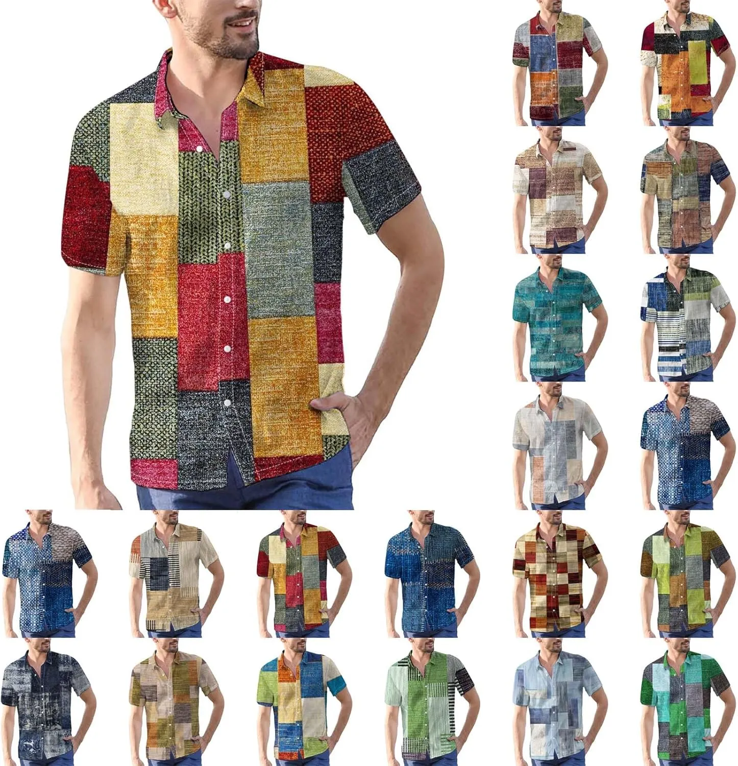 Mens Linen Shirt Hawaiian Short Sleeve Casual Cotton Button Down Shirts Color Block Hippie Lapel Collared Summer Beach Shirts