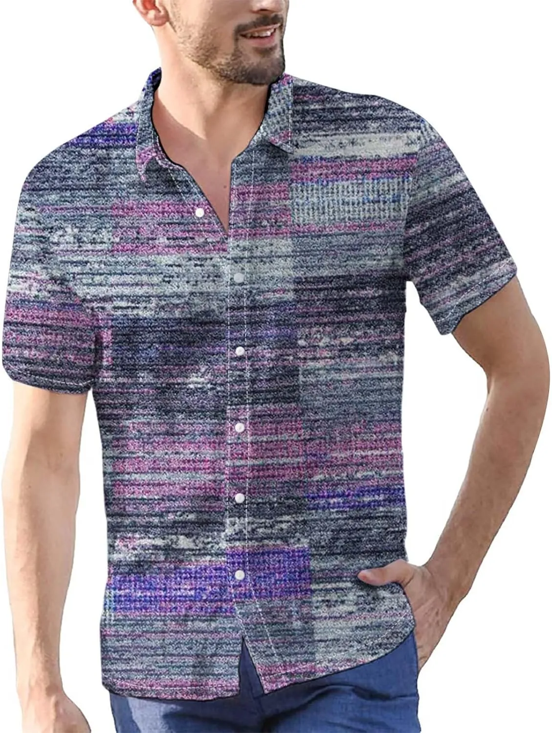 Mens Linen Shirt Hawaiian Short Sleeve Casual Cotton Button Down Shirts Color Block Hippie Lapel Collared Summer Beach Shirts
