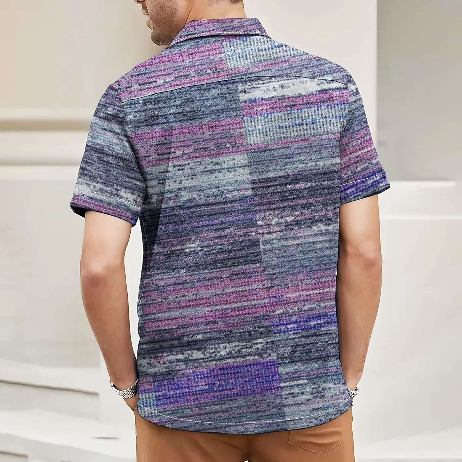 Mens Linen Shirt Hawaiian Short Sleeve Casual Cotton Button Down Shirts Color Block Hippie Lapel Collared Summer Beach Shirts