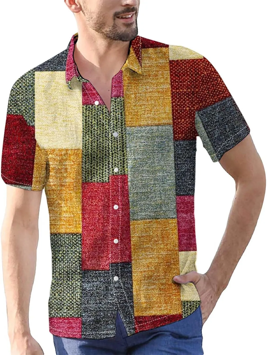 Mens Linen Shirt Hawaiian Short Sleeve Casual Cotton Button Down Shirts Color Block Hippie Lapel Collared Summer Beach Shirts