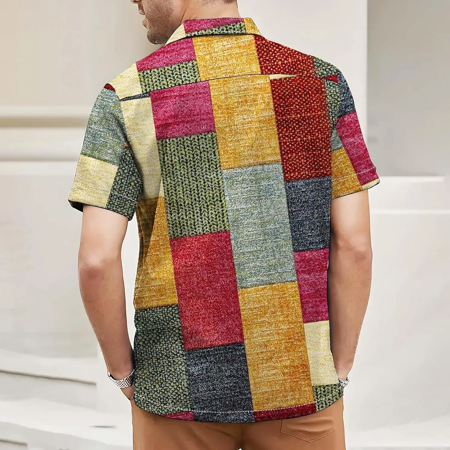 Mens Linen Shirt Hawaiian Short Sleeve Casual Cotton Button Down Shirts Color Block Hippie Lapel Collared Summer Beach Shirts