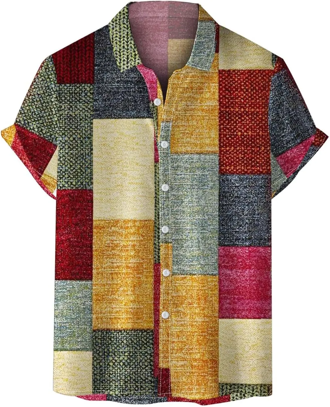 Mens Linen Shirt Hawaiian Short Sleeve Casual Cotton Button Down Shirts Color Block Hippie Lapel Collared Summer Beach Shirts