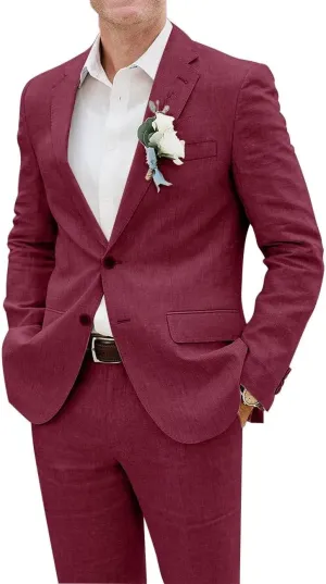 Men's Linen Suits Slim Fit 2 Piece Lightweight Beach Wedding Groom Suit Summer Tailored Blazer and Pants Tuxedo