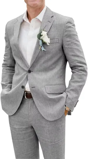 Men's Linen Suits Slim Fit 2 Piece Lightweight Beach Wedding Groom Suit Summer Tailored Blazer and Pants Tuxedo