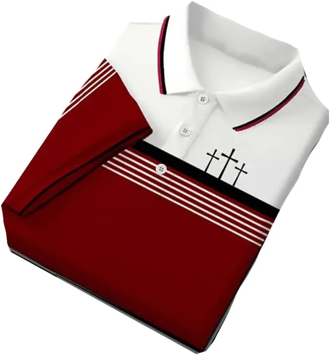 Men's Retro Faith Cross Graphic Casual Printed Polo Shirt Christian Religious Gifts
