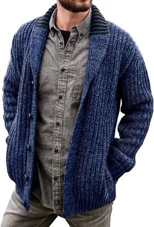 Men's Shawl Collar Cardigan Knit Shawl Collar Pockets Cardigans Slim Fit Cable Knit Button Down Cardigan Sweater