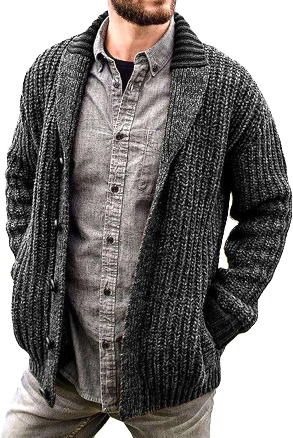 Men's Shawl Collar Cardigan Knit Shawl Collar Pockets Cardigans Slim Fit Cable Knit Button Down Cardigan Sweater