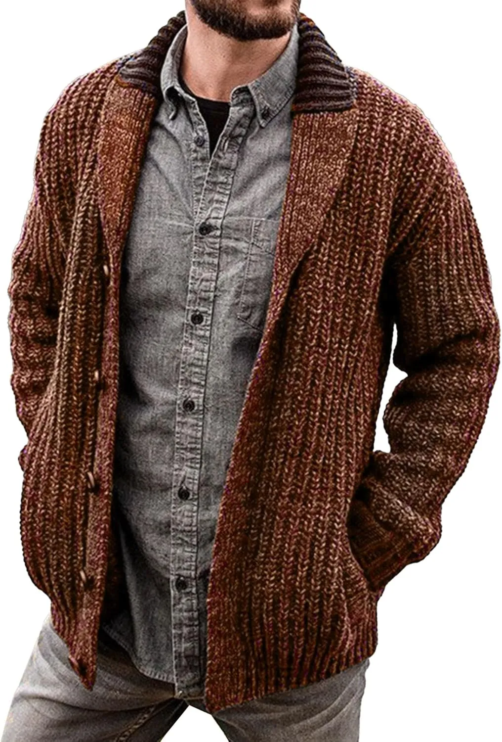 Men's Shawl Collar Cardigan Knit Shawl Collar Pockets Cardigans Slim Fit Cable Knit Button Down Cardigan Sweater