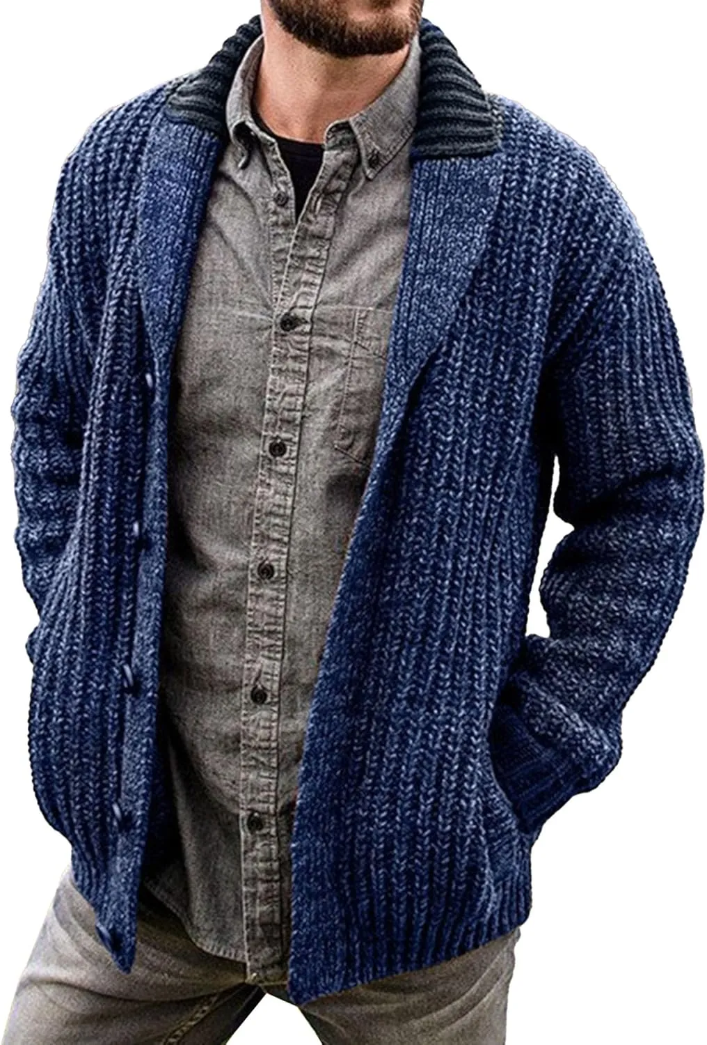 Men's Shawl Collar Cardigan Knit Shawl Collar Pockets Cardigans Slim Fit Cable Knit Button Down Cardigan Sweater