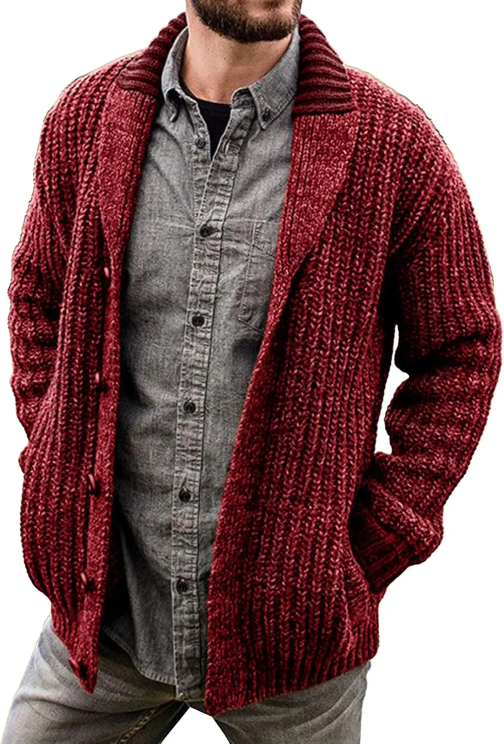 Men's Shawl Collar Cardigan Knit Shawl Collar Pockets Cardigans Slim Fit Cable Knit Button Down Cardigan Sweater