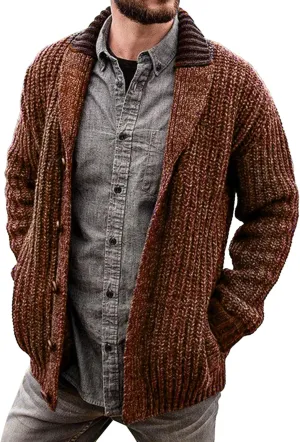 Men's Shawl Collar Cardigan Knit Shawl Collar Pockets Cardigans Slim Fit Cable Knit Button Down Cardigan Sweater