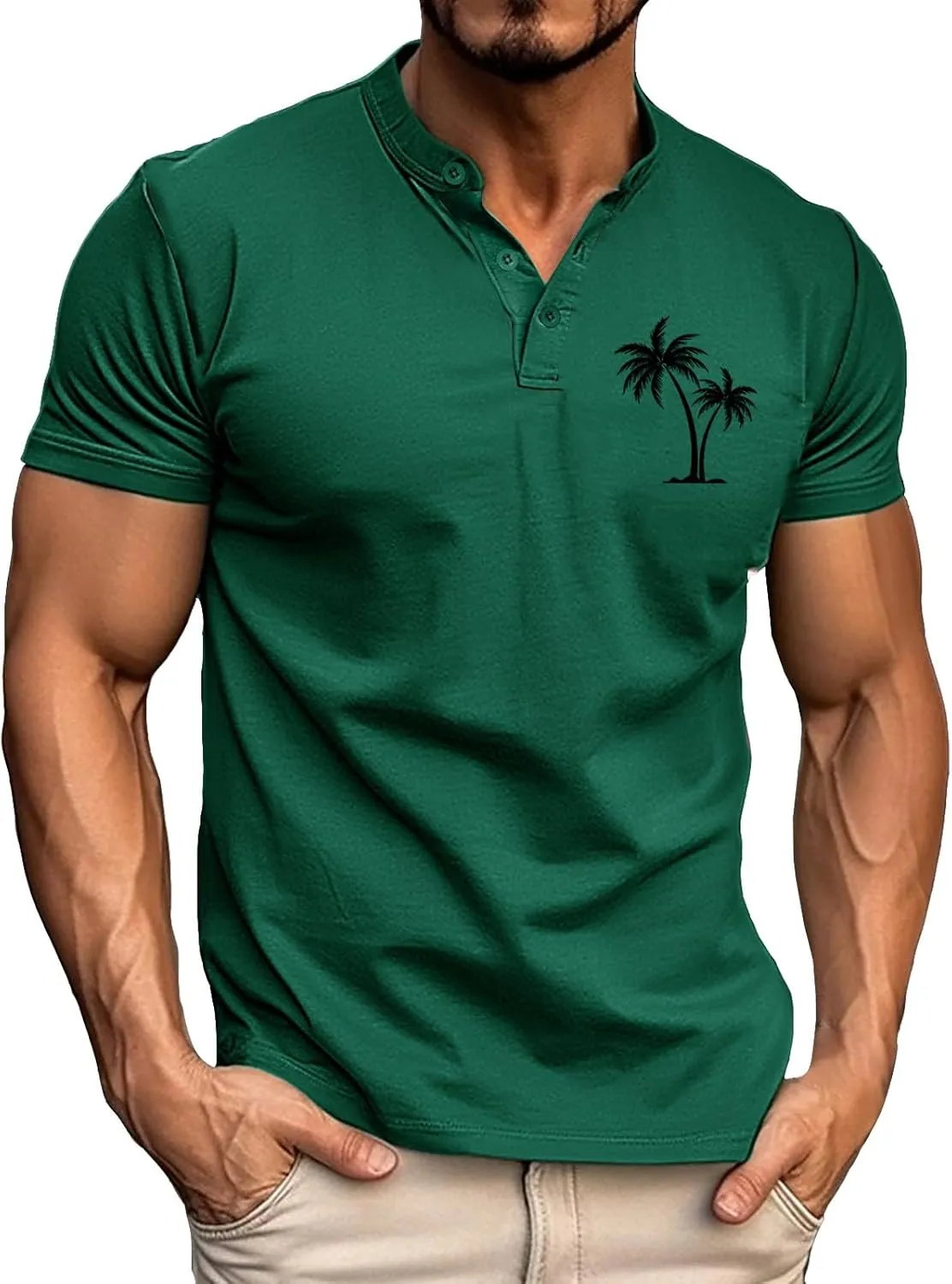 Men's Short Sleeve T-Shirts Performance Moisture Wicking Casual Short Sleeve Henley Shirts Palm Beach Vacation Tops